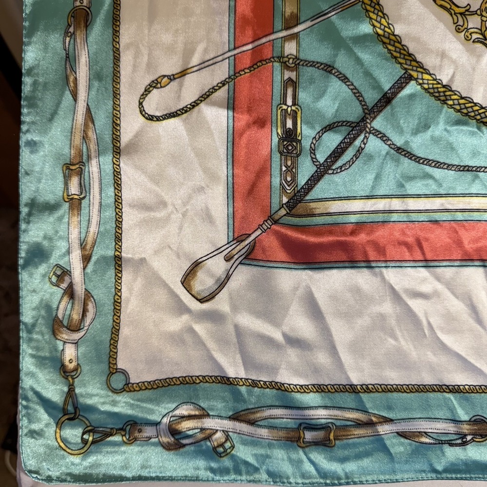 SCARF 23 x 23" EQUESTRIAN Riding Crops TEAL Poly Silk Blend - Picture 4 of 5